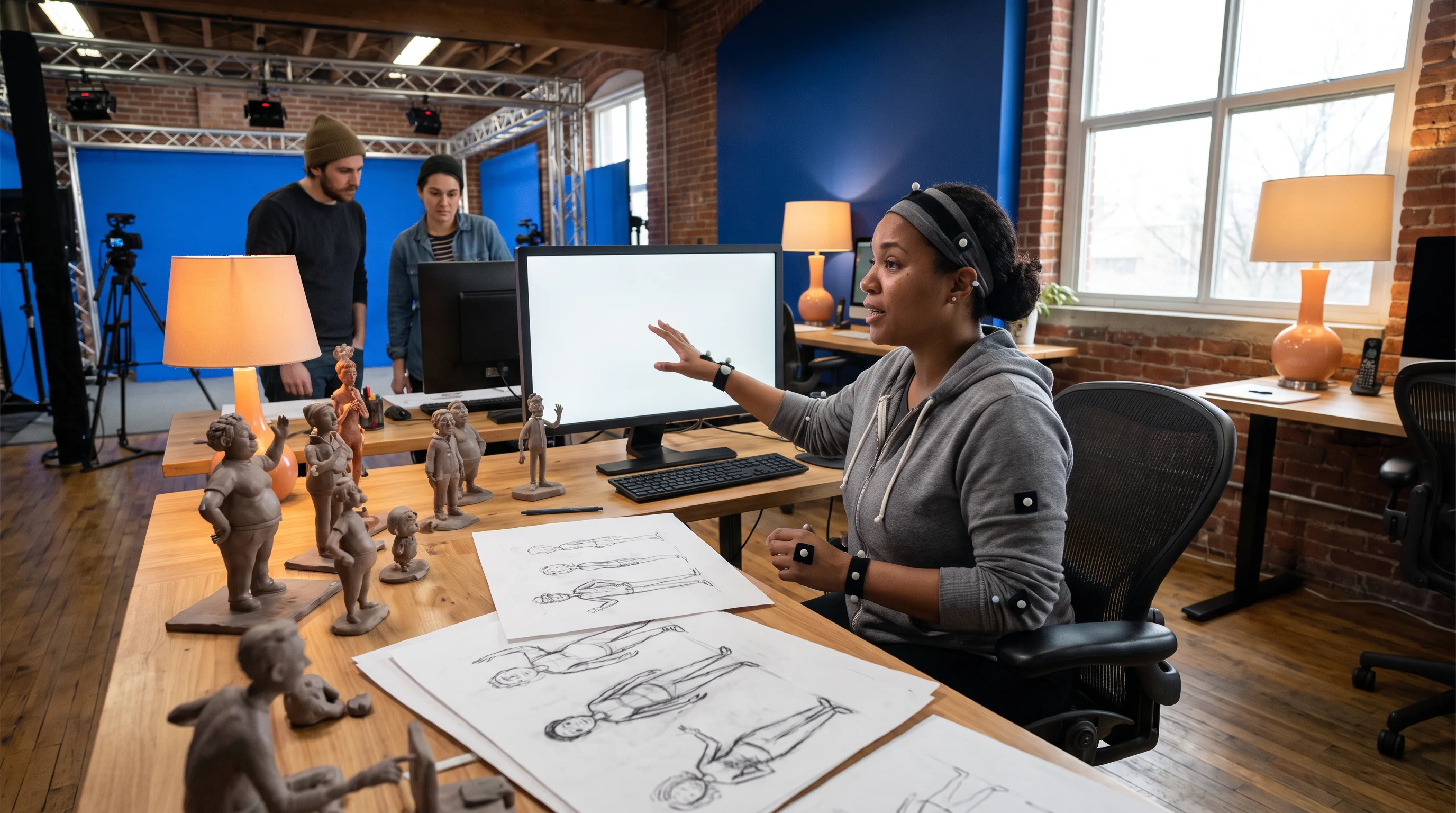 Animator in a motion capture studio with character maquettes on a desk