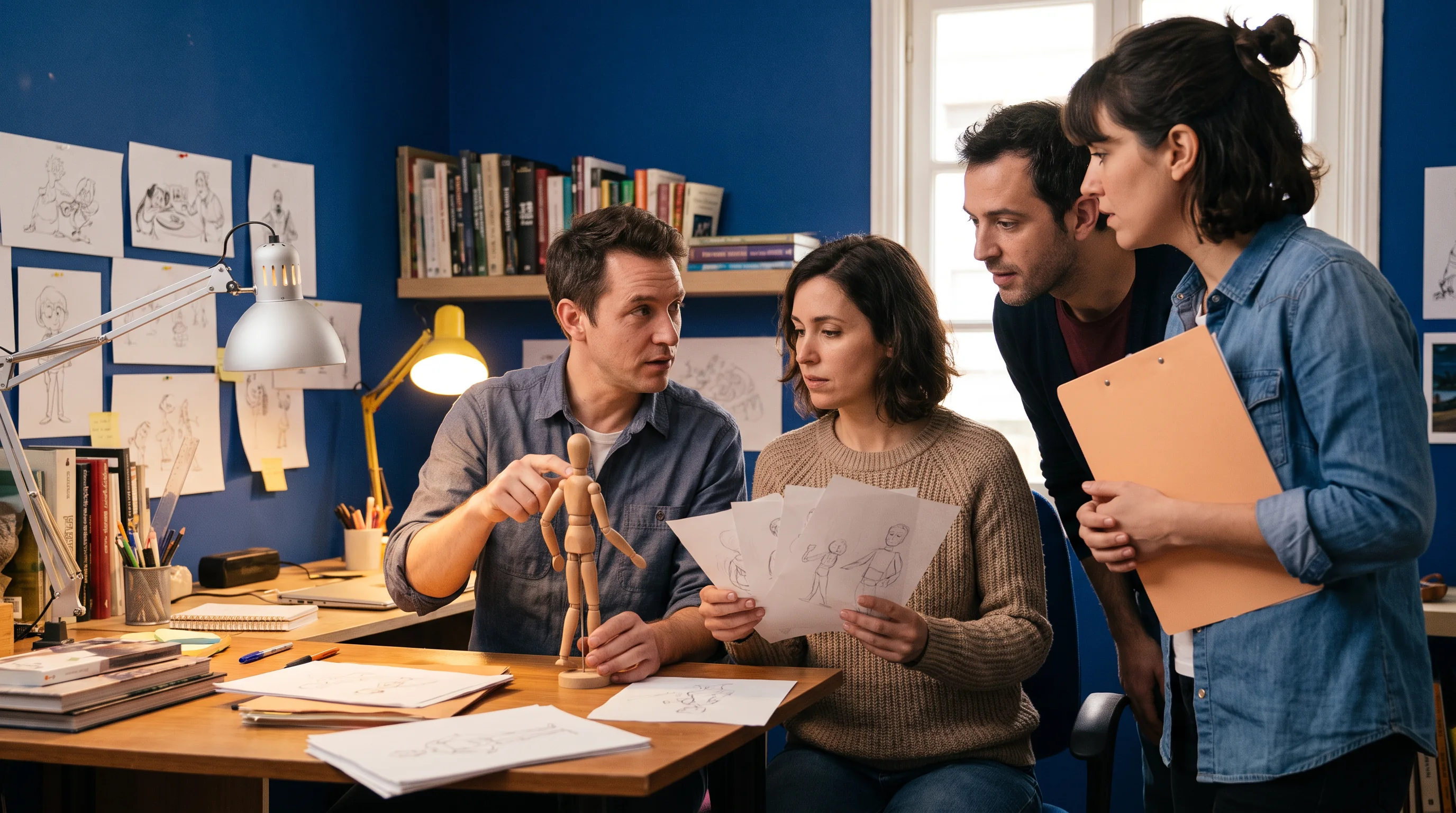 Small group of animators reviewing a wooden mannequin at a desk