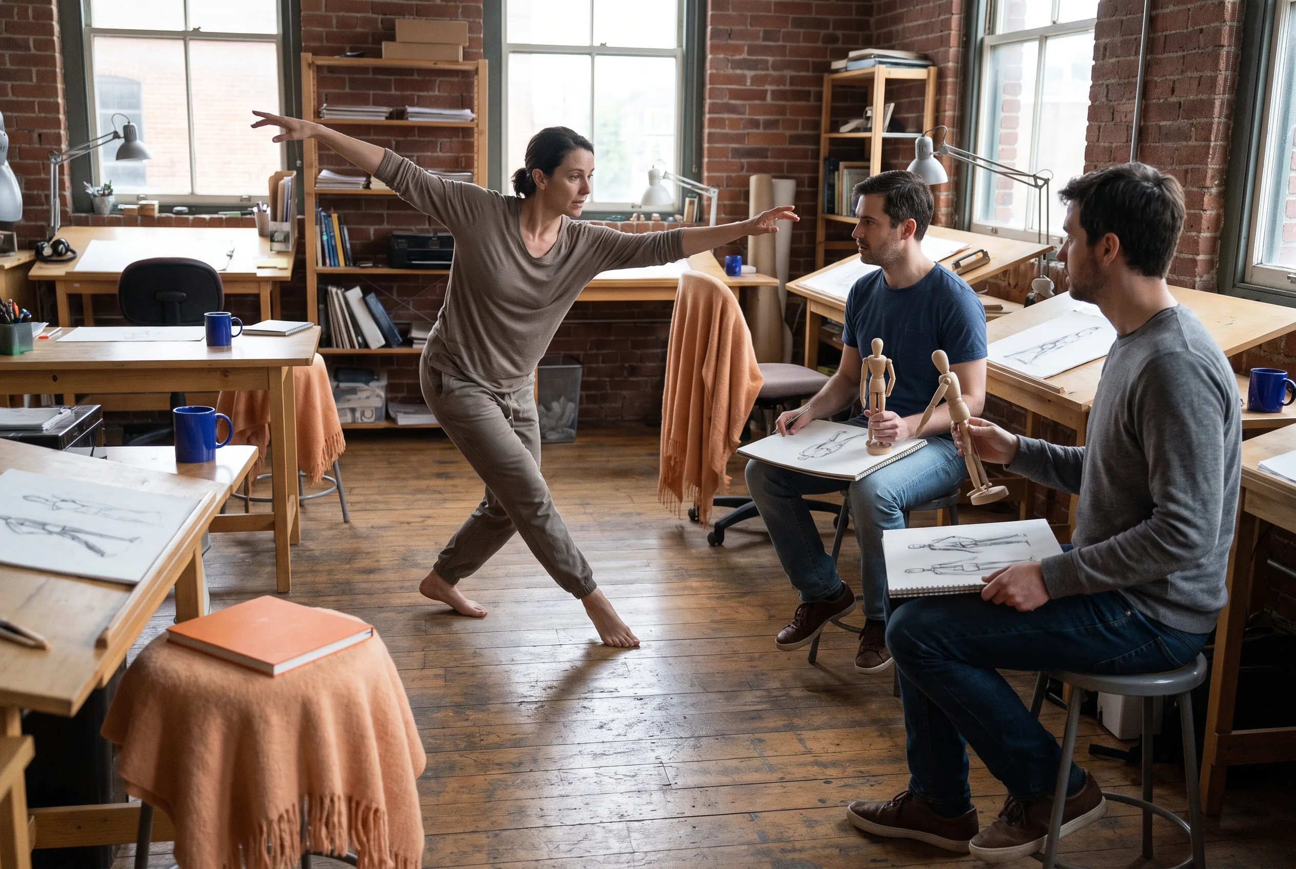 Performer demonstrating a movement reference pose in a studio