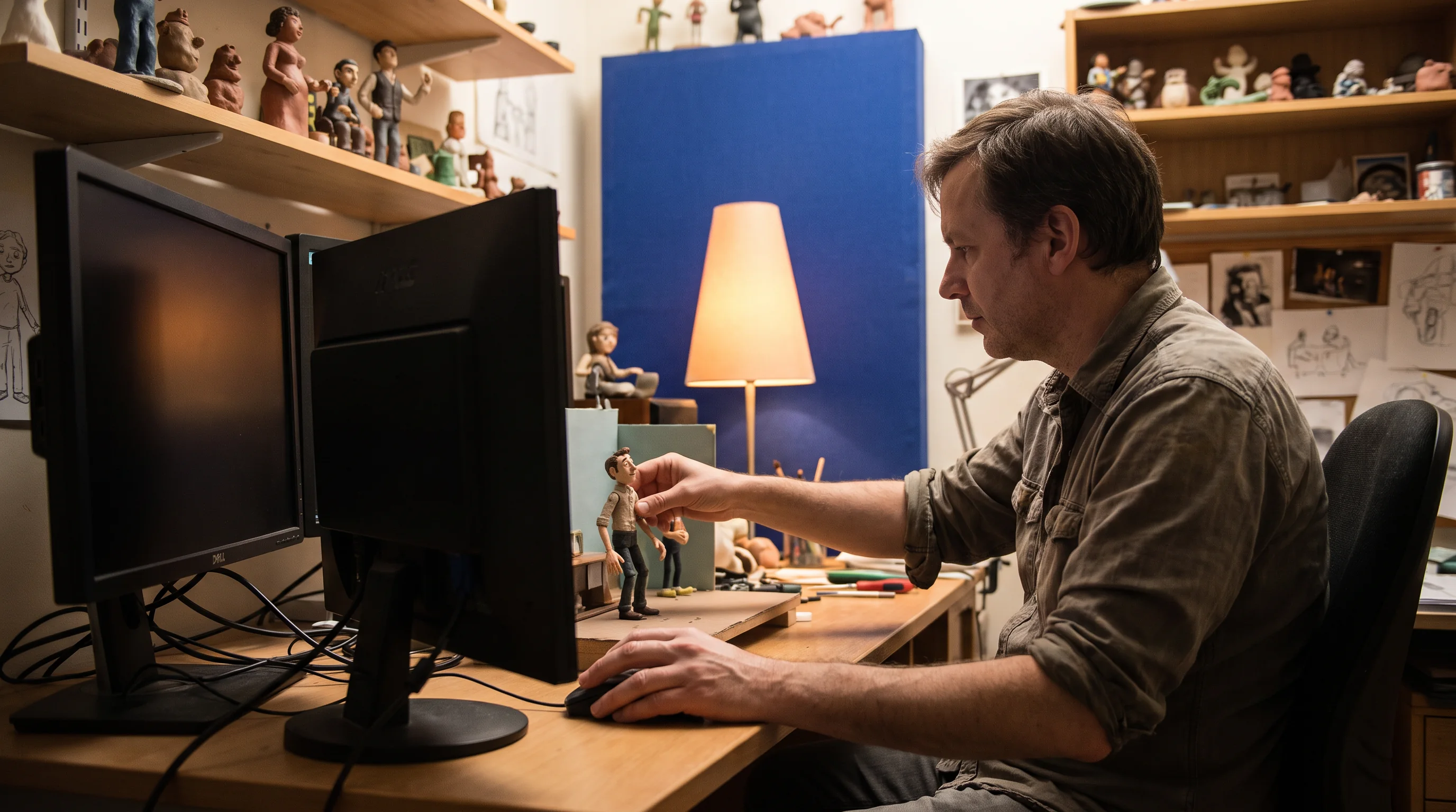 Animator adjusting a miniature puppet at a side workstation