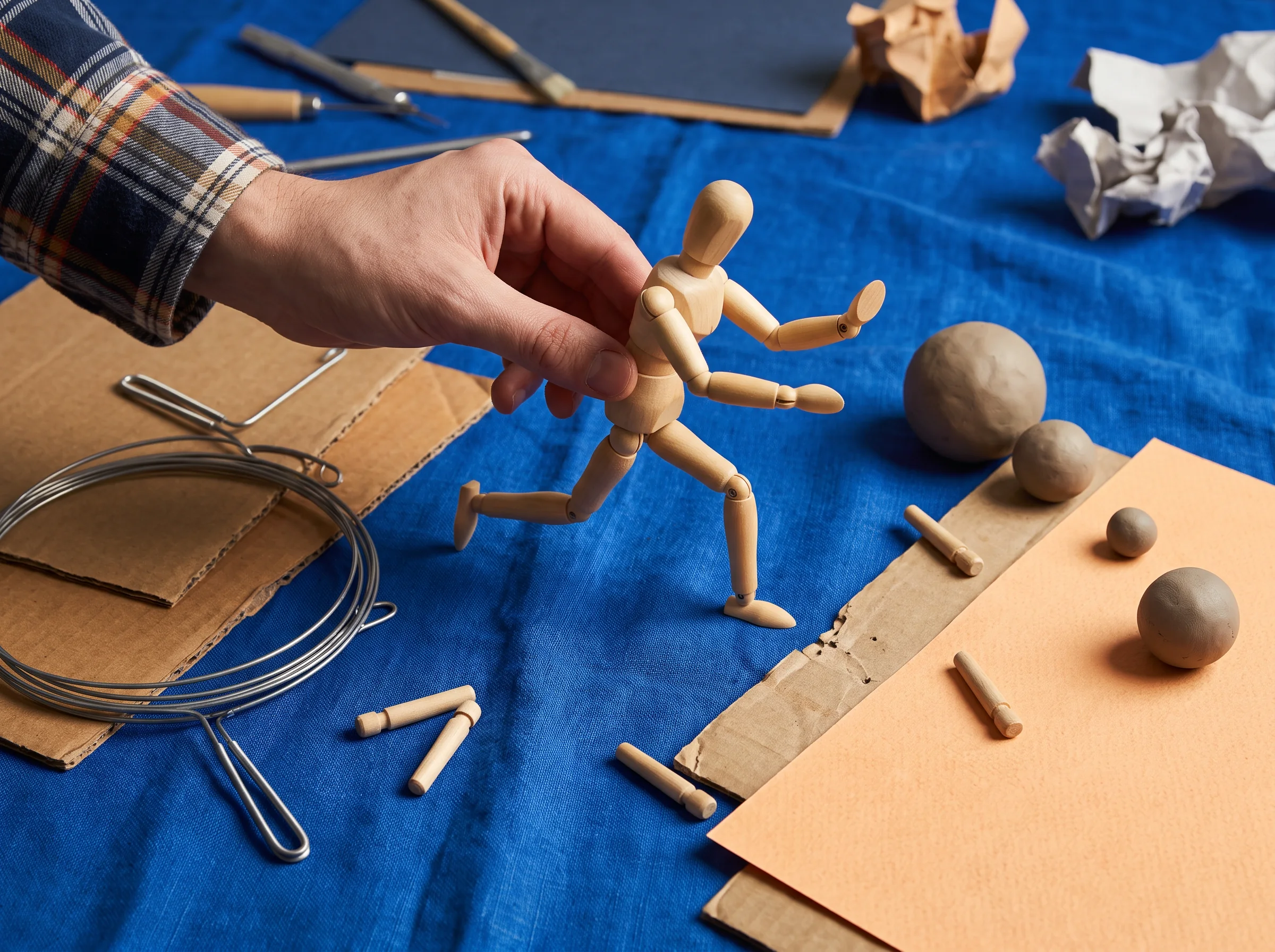 Hand arranging a wooden pose mannequin among physical animation tools